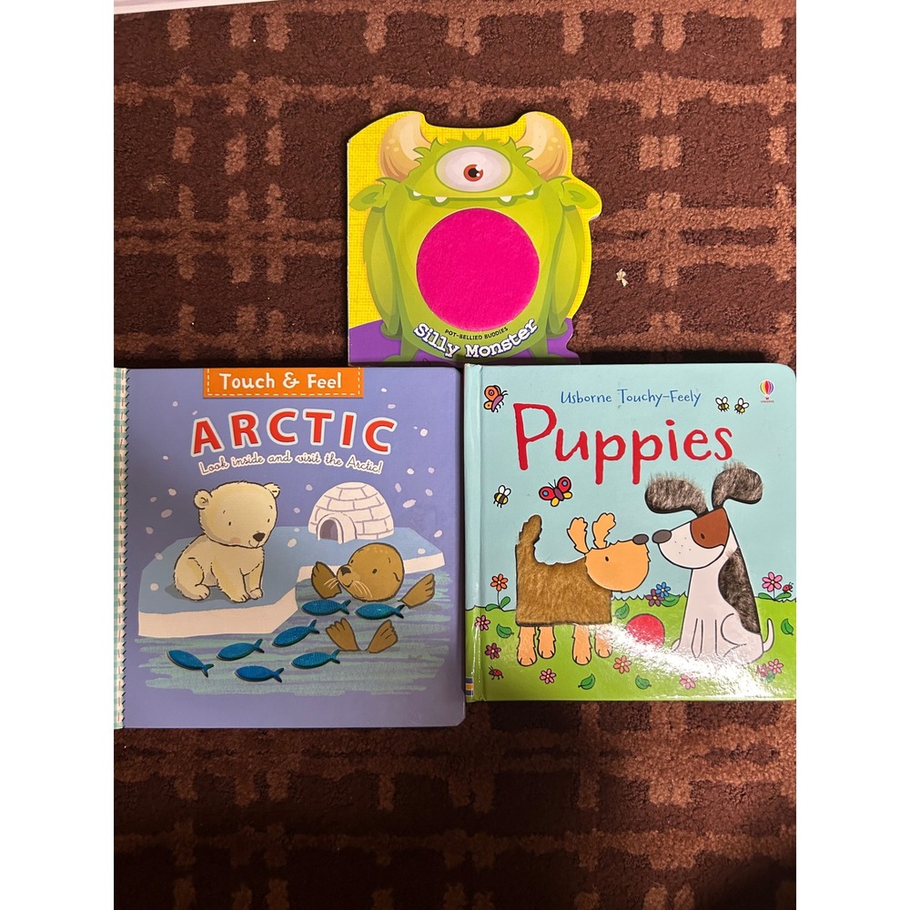 3 Sensory Board Books Usborne Puppies Arctic Touch & Feel Silly Monster Lot